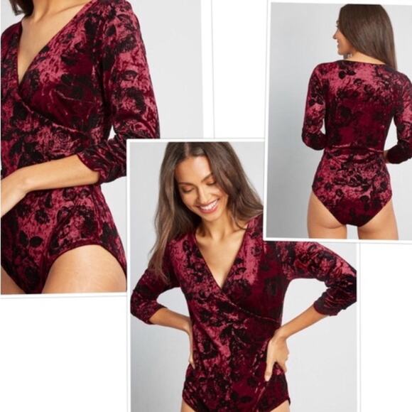 ModCloth Suits You Well Burnout Wrap‎ Bodysuit 1X Crushed Wine Red Velvet Floral - Picture 9 of 9